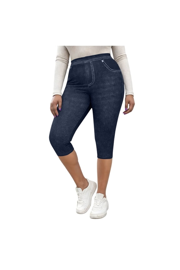 Jeggings for Women Plus Size Capri,High Waisted Stretchy Jean Pants Pull On Denim Capri Leggings with Pockets Navy,2XL