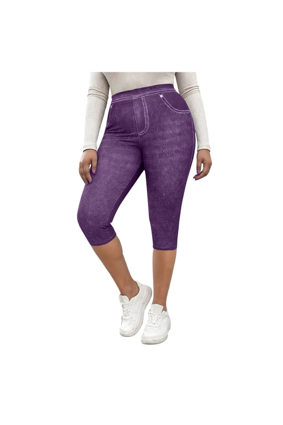 Jeggings for Women Plus Size Capri,High Waisted Stretchy Jean Pants Pull On Denim Capri Leggings with Pockets Purple,XL