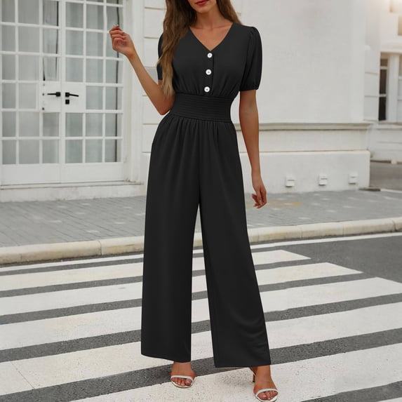 Hurxie Jumpsuits for Women Ruffle Short Sleeve Button V Neck Dressy Wide Leg Romper Summer One Piece Outfits Black,XL