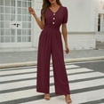 thumbnail image 1 of Hurxie Jumpsuits for Women Ruffle Short Sleeve Button V Neck Dressy Wide Leg Romper Summer One Piece Outfits Wine,2XL, 1 of 7