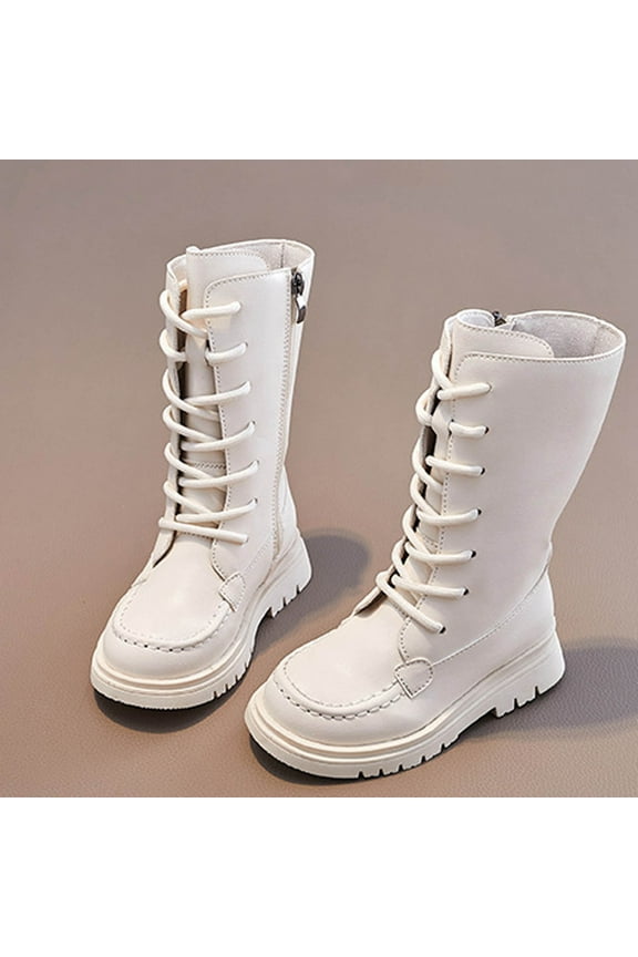 Kid's Girls Leather Lace-Up Zipper Mid Calf Combat Riding Winter Boots (Toddler/Little Kid/Big Kid) Beige 33