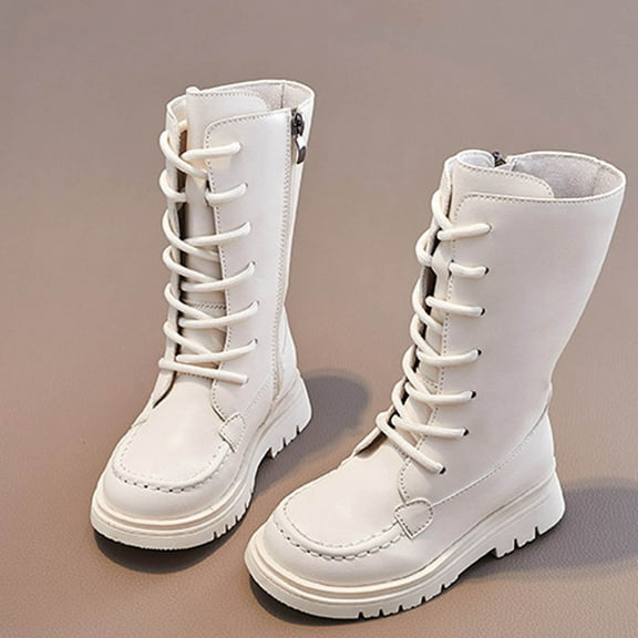 Hurxie Kid's Girls Leather Lace-Up Zipper Mid Calf Combat Riding Winter Boots (Toddler/Little Kid/Big Kid) Beige 35