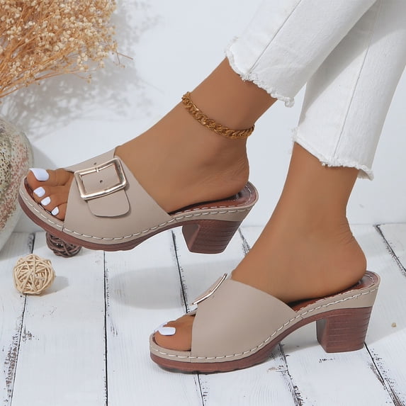 Hurxie Kitten Heels Sandals for Women Square Open Toe Low Heel Slip On Buckle Strap Heeled Sandals Khaki 39