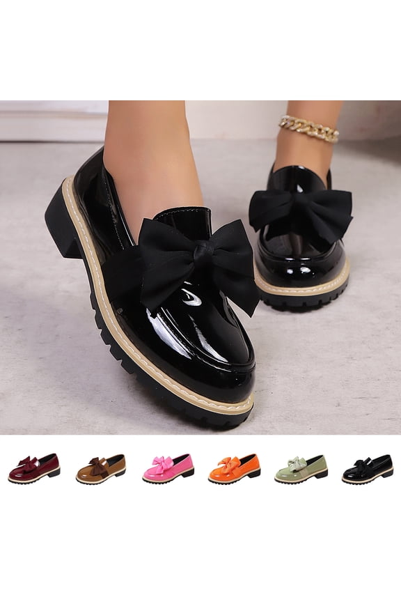 Leather Bow Loafers for Women Comfort Round Toe Slip On Anti Slip Low Chunky Heel Penny Loafers for Work Daily Casual Dressy Black 36