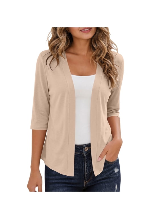 Lightweight Cardigan for Women 3/4 Sleeve Open Front Cardigans Spring Summer Fall Thin Casual Travel Work Beige,M