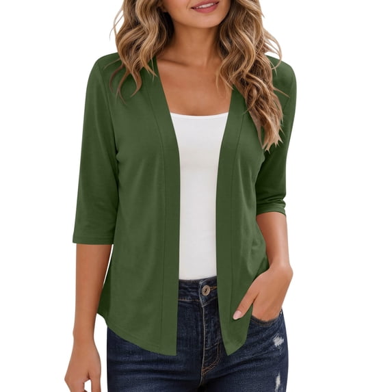 Hurxie Lightweight Cardigan for Women 3/4 Sleeve Open Front Cardigans Spring Summer Fall Thin Casual Travel Work Green,XL