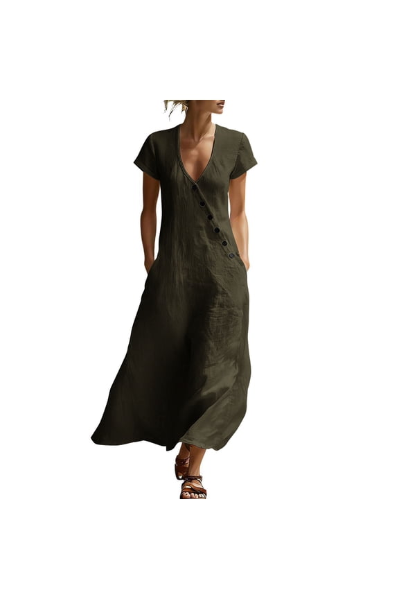 Linen Dresses for Women Summer Beach Sleeveless Flowy Loose Maxi Sundress Boat Neck Button Down Gauze Dress Army Green,3XL