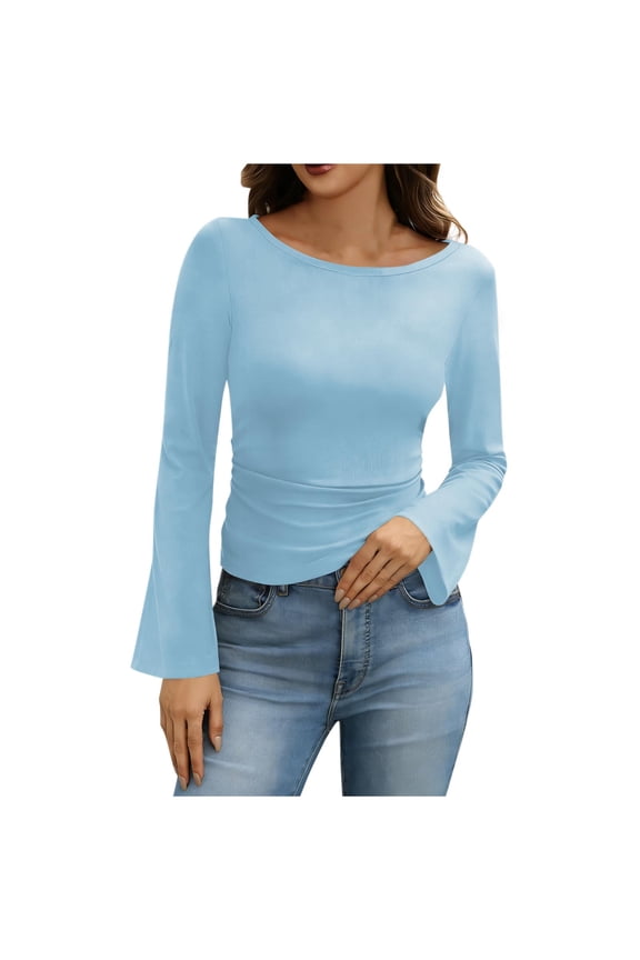 Long Sleeve Mock Neck Shirts for Women Bell Sleeve Turtle Neck Tops Basic Going Out Tee Blouse Blue S