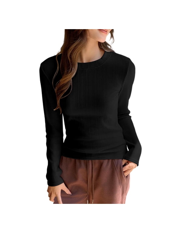 Long Sleeve Shirts for Women Basic Tops Crew Neck Fitted Tight Workout Tees Y2K Clothes Going Out Fashion Black S
