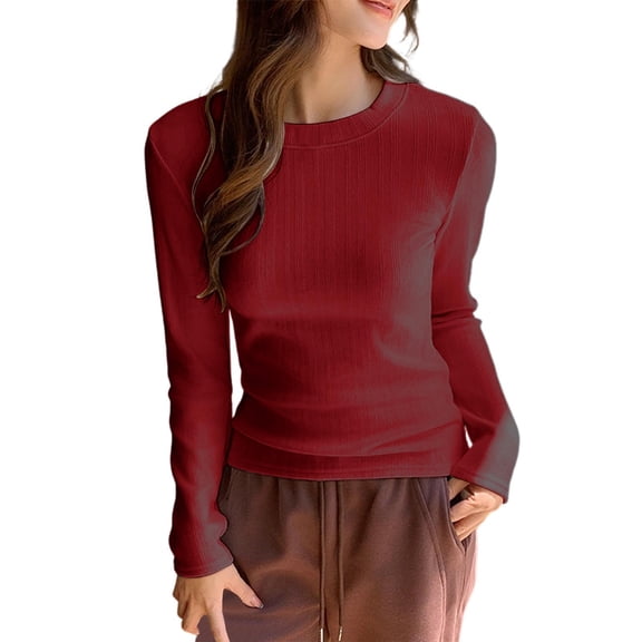 Hurxie Long Sleeve Shirts for Women Basic Tops Crew Neck Fitted Tight Workout Tees Y2K Clothes Going Out Fashion Wine L
