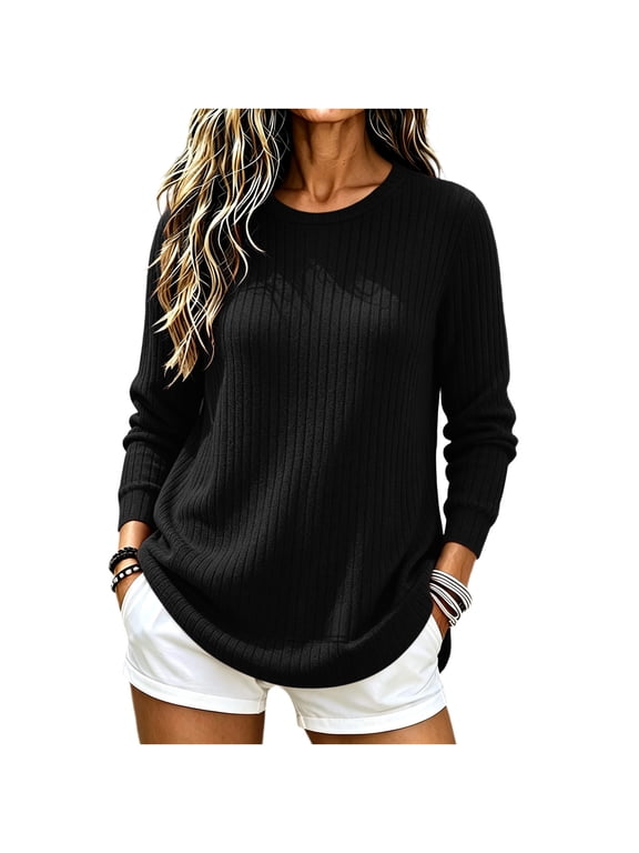 Long Sleeve Shirts for Women Fall Clothes Tunic Tops Loose Fit Dressy Crewneck Pullover Sweaters Curved Hem