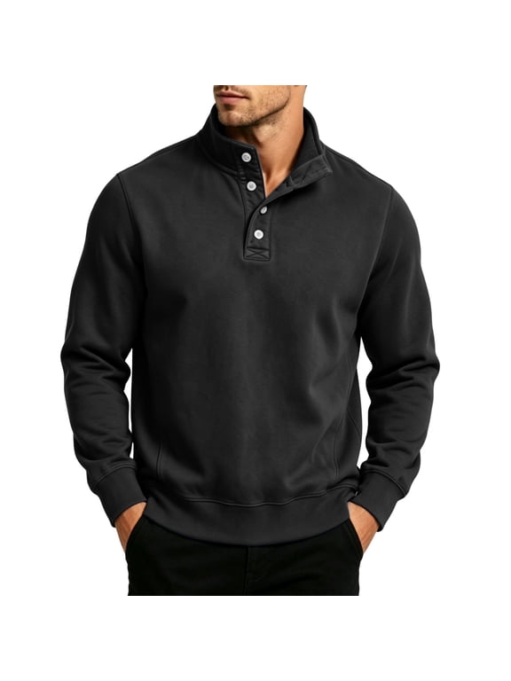 Men Sweatshirts for Men Quarter Button Pullover Sweater Casual Mock Neck Thermal Fleece Pullover Sweatshirt Black,M