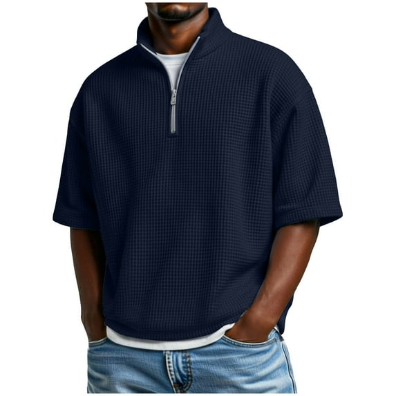 Hurxie Men's 1/4 Zip Pullover Short Sleeve Loose Fit Golf Shirts Breathable Lightweight Active Sports Pullover Tops Navy,M