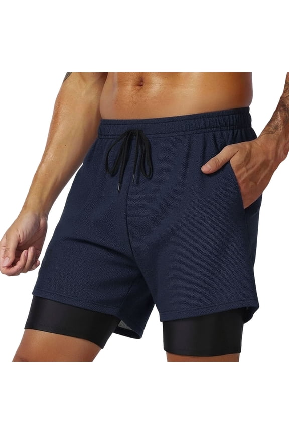 Men's 2 in 1 Workout Running Shorts 5" with Pockets Quick Dry Gym Athletic Shorts with Compression Liner Dark Blue,XL