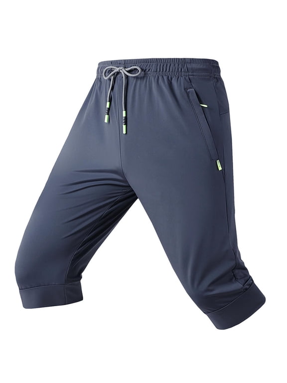 Men's 3/4 Capri Joggers Running Athletic Gym Workout Long Shorts Cotton Below Knee Pants with Pockets Gray,L