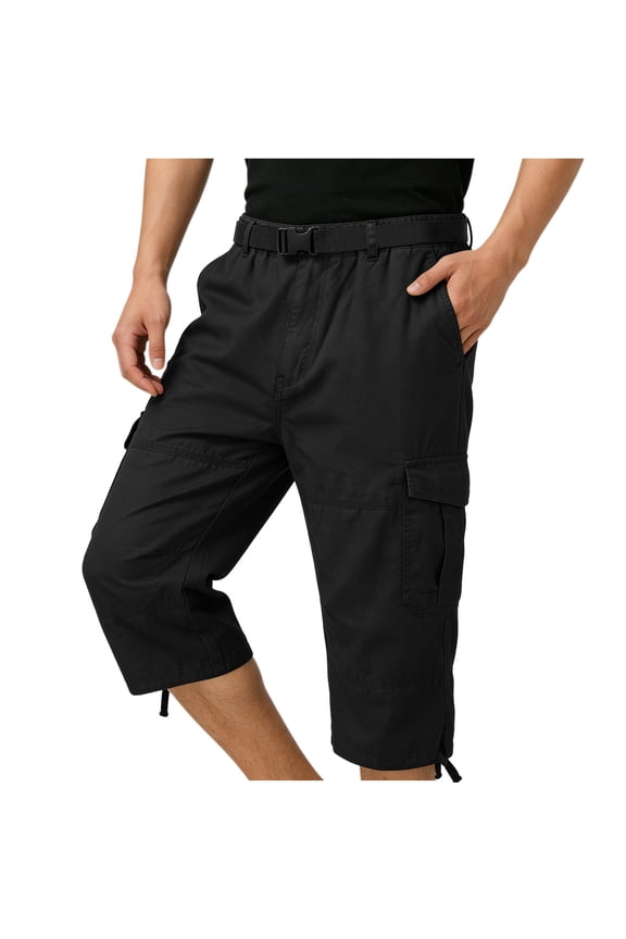Men's Capri Long Elastic Cargo Shorts Below Knee Shorts 3/4 Cotton Cargo Casual Shorts with Multi-Pockets Black,M
