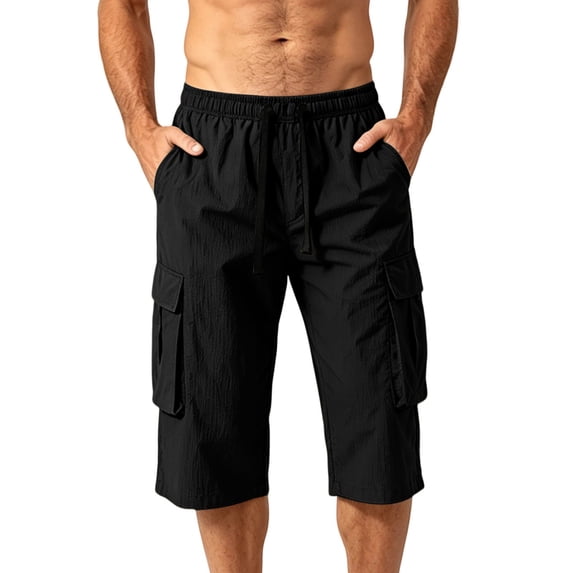 Hurxie Men's Capri Long Elastic Cargo Shorts Below Knee Shorts 3/4 Cotton Cargo Casual Shorts with Multi-Pockets Black,M