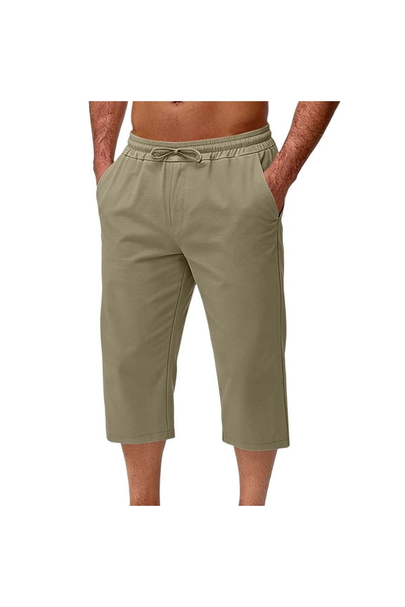 Men's Capri Pants Casual Lightweight 3/4 Baggy Pants Drawstring Elastic Waist Beach Yoga Pants with Pockets Coffee,S