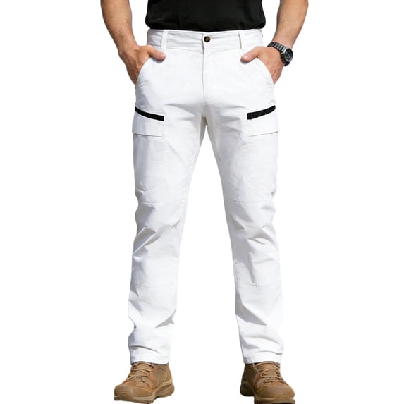 Hurxie Men's Cargo Pants Stretch Sweatpants Elastic Drawstring Casual Workout Joggers Hiking Cargo Pants with Pockets White,2XL