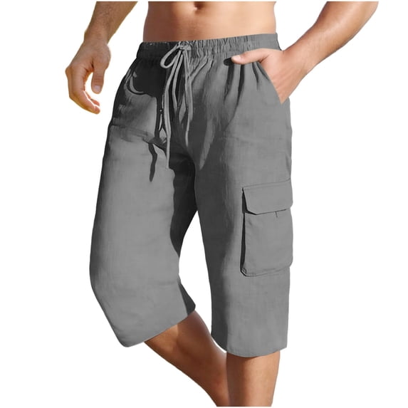 Hurxie Men's Cargo Shorts Casual Twill Elastic 3/4 Capri Pants Below Knee Long Shorts with Pockets Gray,L