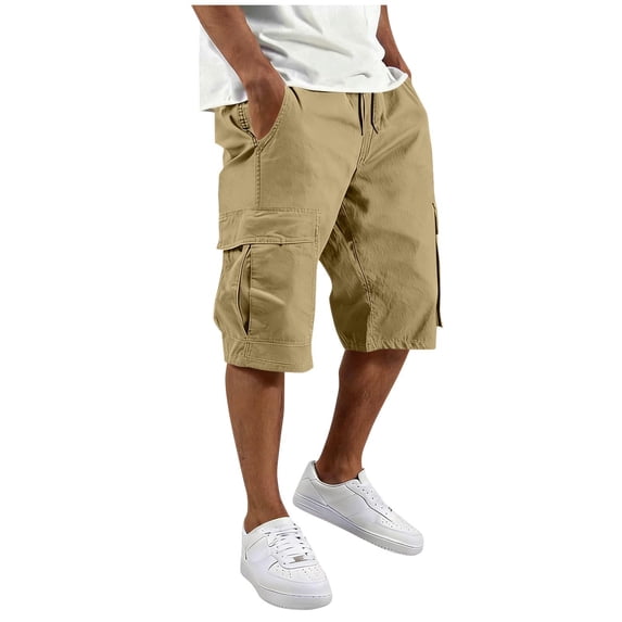 Hurxie Men's Casual Cargo Shorts Classic Stretch Waist Drawstring Outdoor Work Shorts with Pocket Khaki,2XL