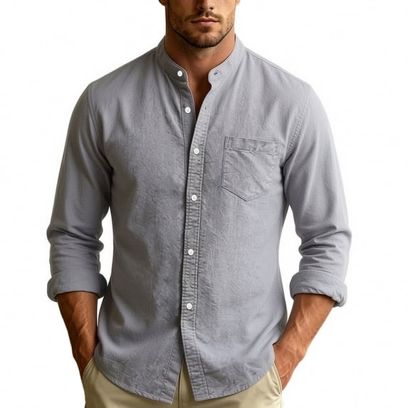 Hurxie Men's Cotton Linen Shirts Long Sleeve Button Down Shirt Band Collar Beach Summer Casual Shirts Gray,L