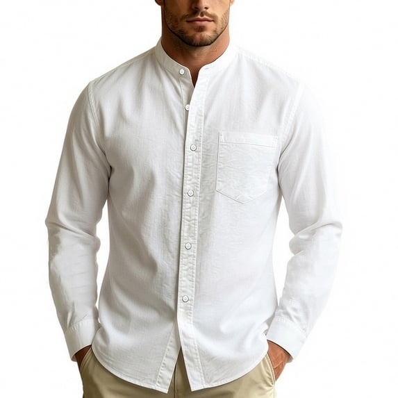 Hurxie Men's Cotton Linen Shirts Long Sleeve Button Down Shirt Band Collar Beach Summer Casual Shirts White,XL