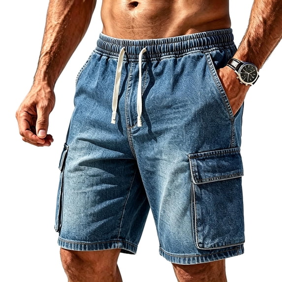 Hurxie Men's Drawstring Elastic Waist Flap Pocket Straight Cargo Jean Denim Shorts Dark Blue,M