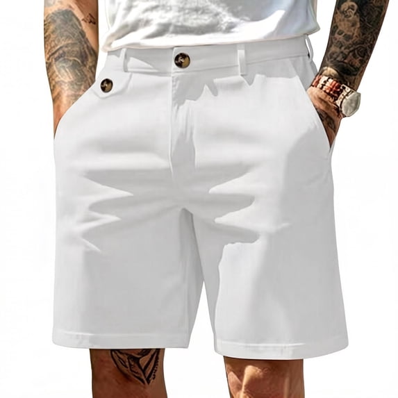 Hurxie Men's Flat Front Dress Shorts Wide Leg Pleated Golf Shorts Streetwear with Pockets White,L