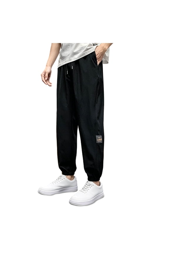 Men's Letter Patched Baggy Pants Drawstring Waist Track Pants with Pockets Black,M