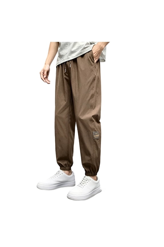 Men's Letter Patched Baggy Pants Drawstring Waist Track Pants with Pockets Coffee,M