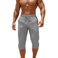 thumbnail image 1 of Hurxie Men's Linen Capri Pants Casual Lightweight 3/4 Baggy Pants Drawstring Elastic Waist Beach Yoga Pants with Pockets Gray,S, 1 of 7