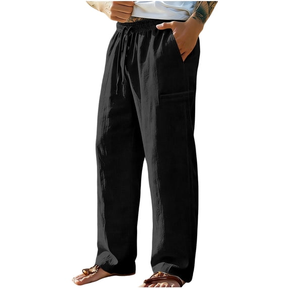 Hurxie Men's Linen Pants Lightweight Drawstring Elastic Waist Pockets Loose Fit Straight Legs Summer Beach Yoga Black,XL