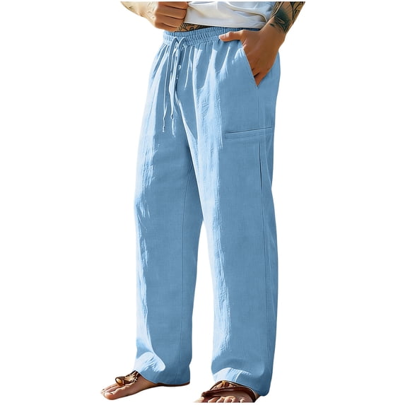 Hurxie Men's Linen Pants Lightweight Drawstring Elastic Waist Pockets Loose Fit Straight Legs Summer Beach Yoga Blue,2XL