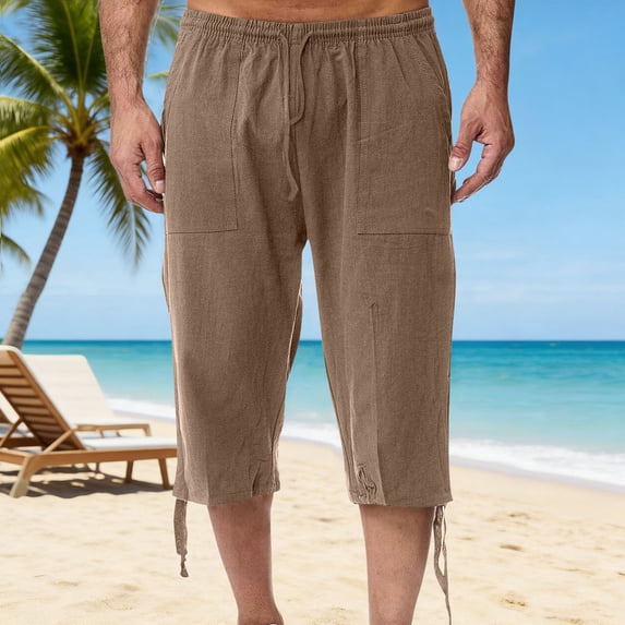 Hurxie Men's Long Linen Shorts Below Knee Pocketed 3/4 Summer Drawstring Capri Pant Coffee,3XL