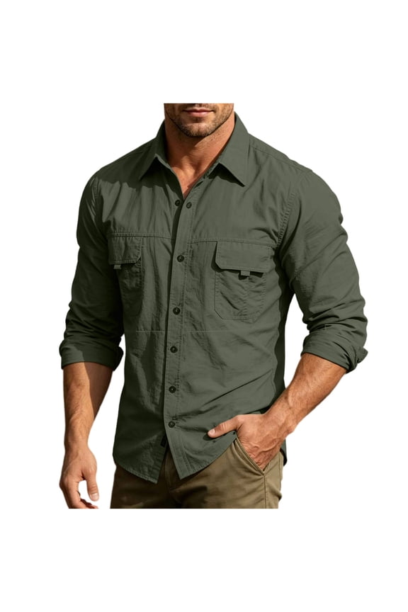 Men's Long Sleeve Shirts, Ripstop Work Shirts, Breathable Button Down Outdoor Hiking Shirt Army Green,L