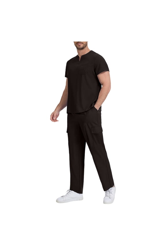 Men's Scrub Set Stretchy V-Neck Top Elastic Waist Pants, Breathable 2-Piece Medical Uniform,Quick-Dry Coffee,S