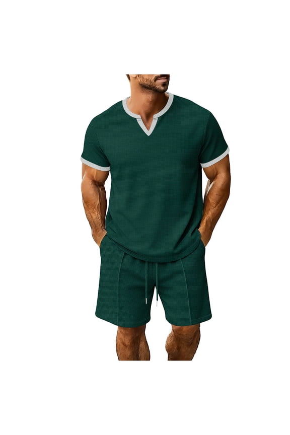 Men's Summer Track Suits Waffle Knit Shirt and Shorts Set Casual 2 Pieces Outfits with Pockets Green,M