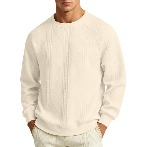 Hurxie Men's Sweater Crewneck Cable Knit Textured Sweaters Pullover Casual Sweater for Men Beige,M
