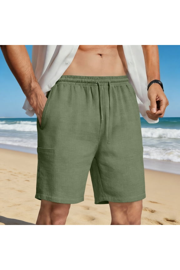 Mens 5 Inch Linen Shorts - Casual Elastic Waist Drawstring Summer Beach Shorts with Pocket Army Green,S