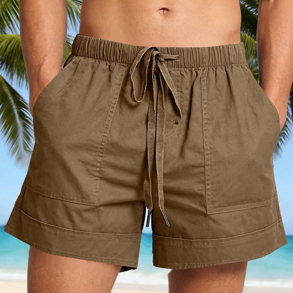 Hurxie Mens 5 Inch Linen Shorts - Casual Elastic Waist Drawstring Summer Beach Shorts with Pocket Brown,3XL