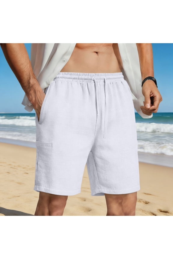 Mens 5 Inch Linen Shorts - Casual Elastic Waist Drawstring Summer Beach Shorts with Pocket White,2XL