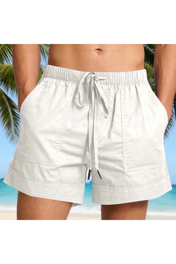 Mens 5 Inch Linen Shorts - Casual Elastic Waist Drawstring Summer Beach Shorts with Pocket White,M