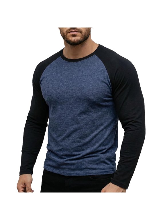 Mens Baseball Shirt Casual Raglan Long Sleeve Crewneck Graphic T-Shirt Lightweight Vintage Tops Dark Blue,L