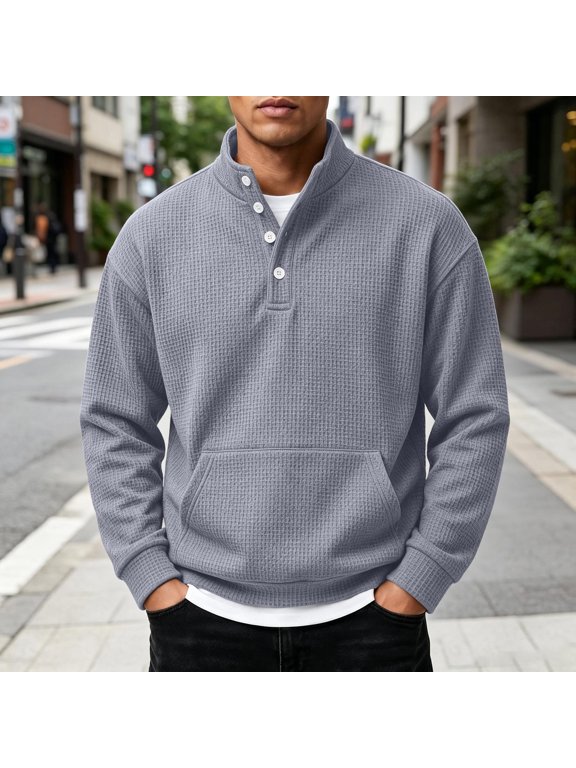 Mens Cable Knit Sweatshirt 1/4 Snap Stand Collar Pullover Sweatshirt Quarter Button Henley Neck Long Sleeve Sweater