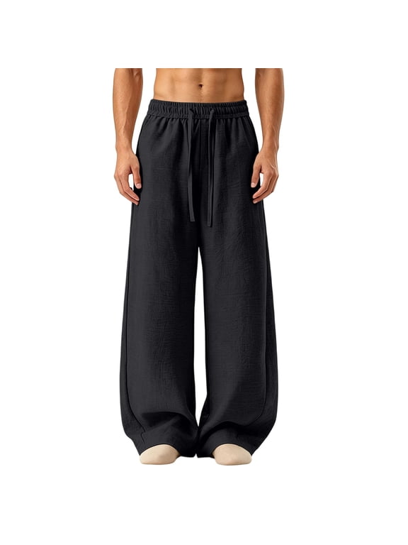 Mens Cotton Linen Pants Summer Beach Baggy Pants Wide Leg Drawstring Lounge Trousers Black,L