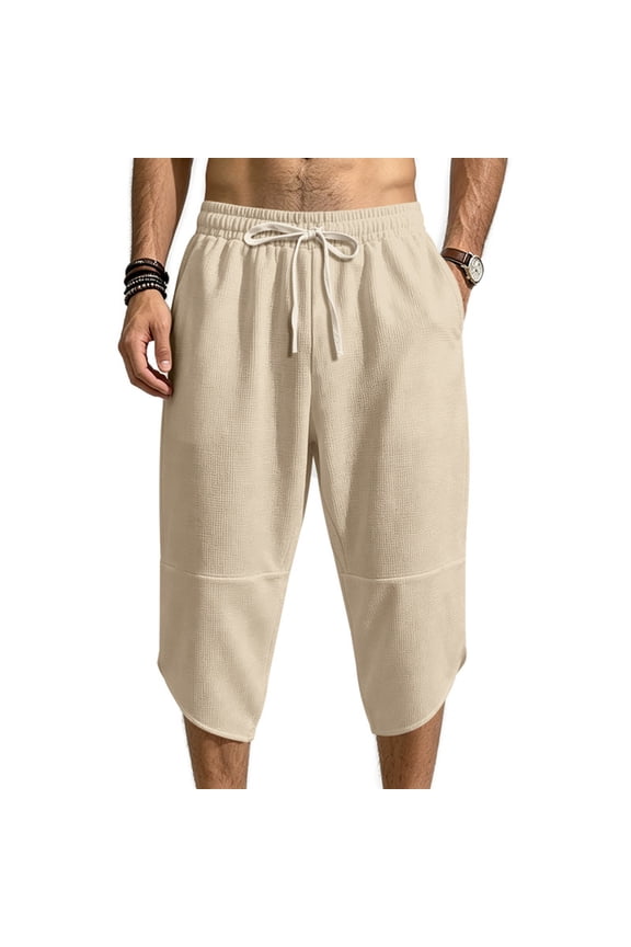 Mens Elastic Waist Drawstring Workout Gym Joggers 3/4 Shorts Summer Casual Sweat Short Pants with Pockets Khaki,S