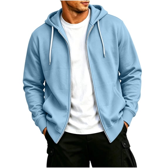 Hurxie Mens Full Zip Casual Hooded Fleece Drawstring Hoodies Pullover Sweatshirts Casual Long Sleeve Shirts Light Blue,XL