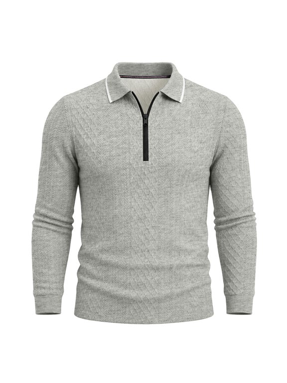 Mens Knitted Golf Shirts Long Sleeve Casual Textured Pullover Fashion Vintage Golf Button T Shirts Gray,L