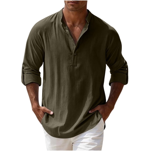 Hurxie Mens Linen Henley Shirts Casual Long Sleeve Hippie Yoga Tops Lightweight Summer Beach T-Shirt Army Green,S